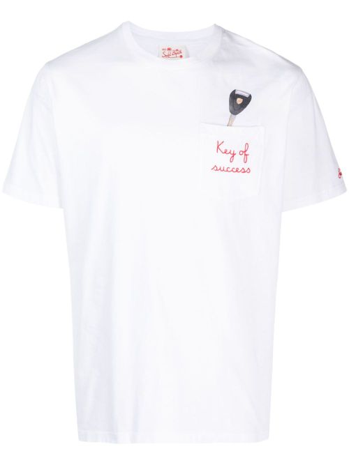 Slogan-embroidery chest-pocket T-shirt - White