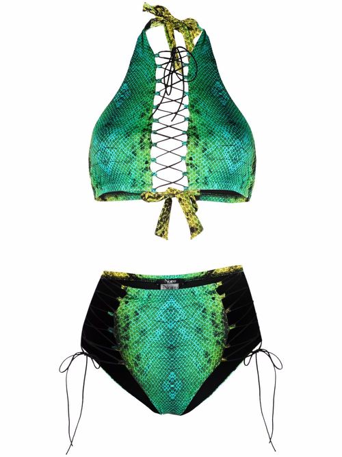Snakeskin-print lattice-strap bikini set - Green