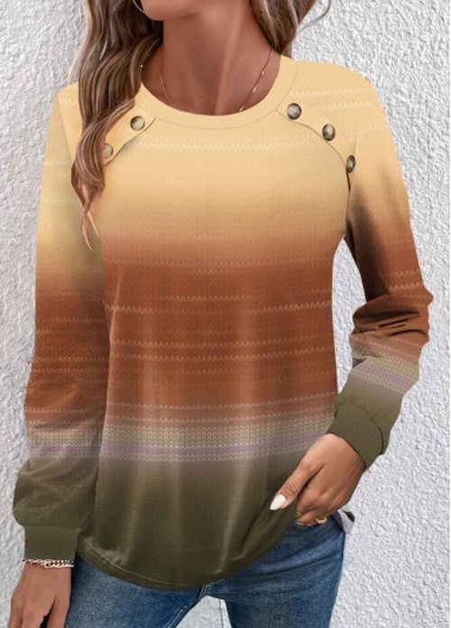 Modlily Yellow Button Ombre Long Sleeve Round Neck T Shirt