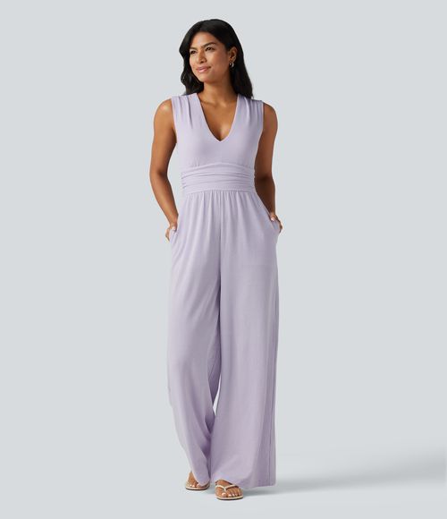 V Neck Sleeveless Built-in Bra Stripe Casual Jumpsuit with Pockets-Easy Peezy Edition  - Boardwalk Stripe