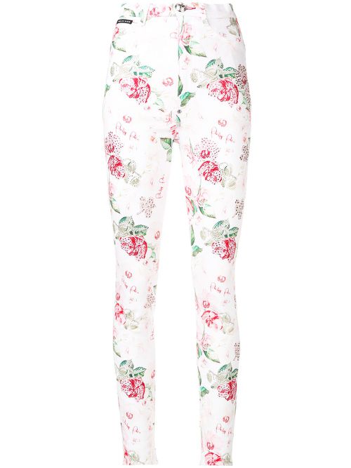 Embellished rose print jeans - White