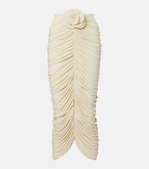 Floral-appliqué ruched midi skirt