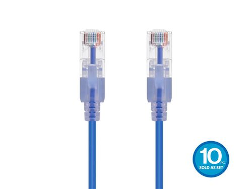 Cat6A 7ft Blue 10-Pk Patch Cable, UTP, 30AWG, 10G, Pure Bare Copper, Snagless RJ45, SlimRun Series Ethernet Cable