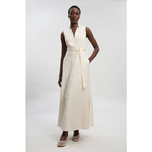 Karen Millen Women's Tailored Linen Wrap Tie Waisted Maxi Dress in Ivory