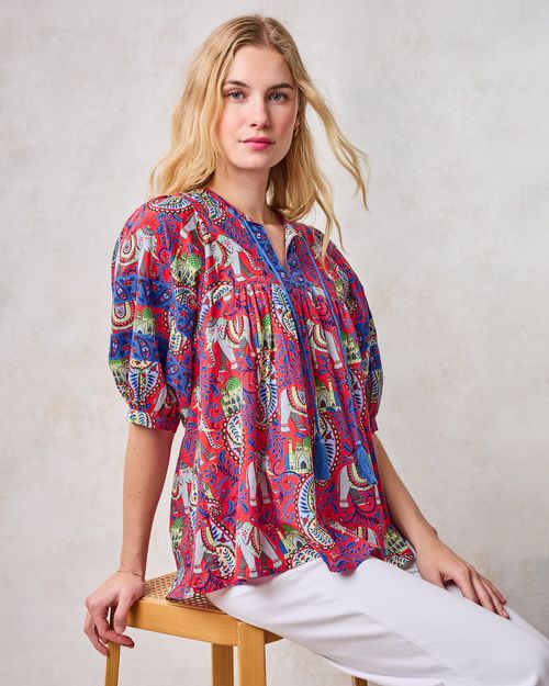 Organic Cotton Relaxed Block Print Top in Palace Paisley | Women's XXS | Red Spring