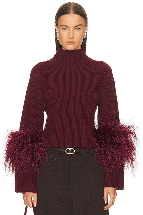 Lapointe Merino Mock Neck Classic Feather Sweater in Crimson - Burgundy. L also in