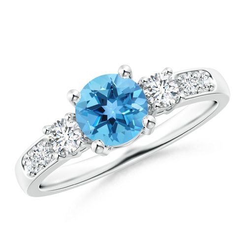 Angara 0.95 Carat Three Stone Swiss Blue Topaz and Diamond Ring in Platinum