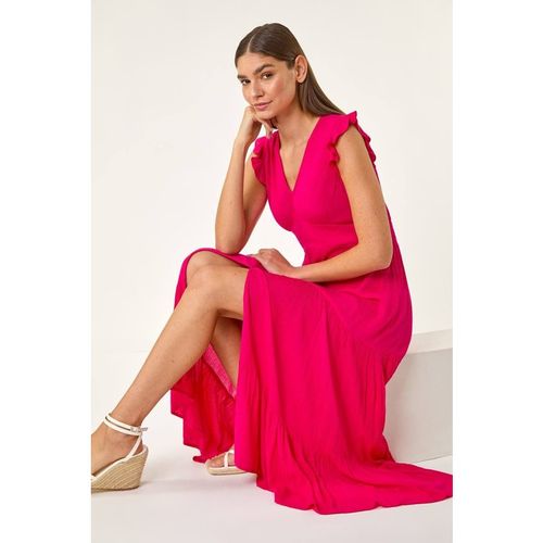 Roman Women's Crinkle Tiered Frill Maxi Dress in Fuchsia