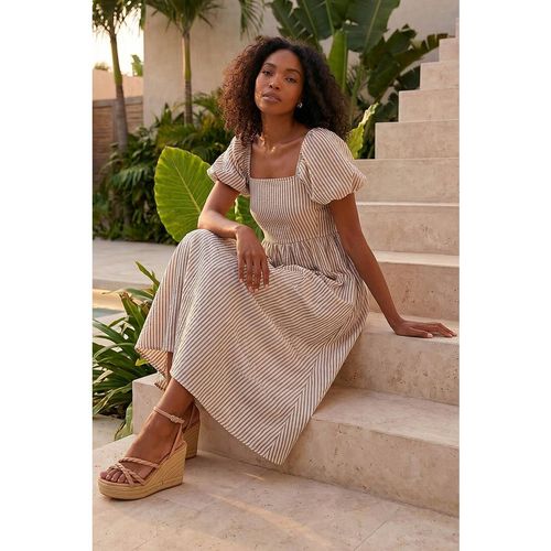 Roman Women's Stripe Puff Sleeve Midi Dress in Chocolate