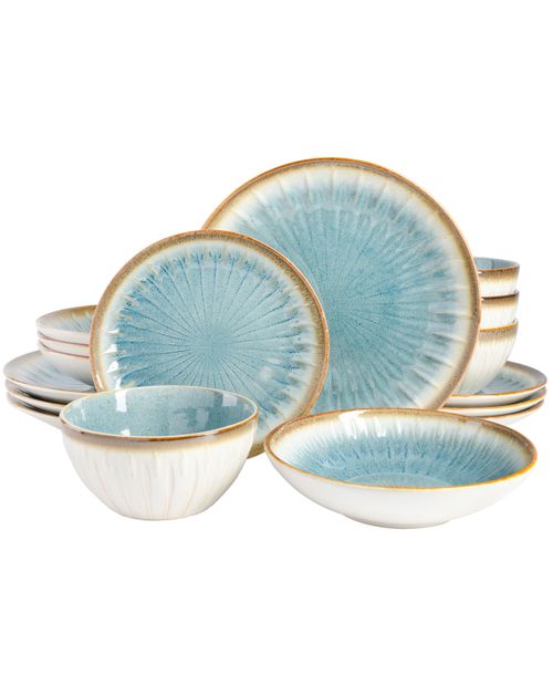 Elite Mayfair Bay Double Bowl Embossed Reactive, 16 Piece Dinnerware Set, Service for 4 - Blue