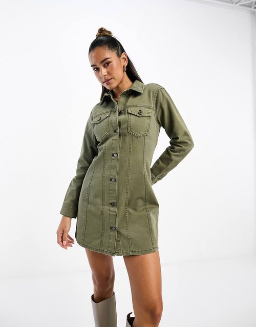 ASOS DESIGN denim fitted shirt dress in khaki-Green