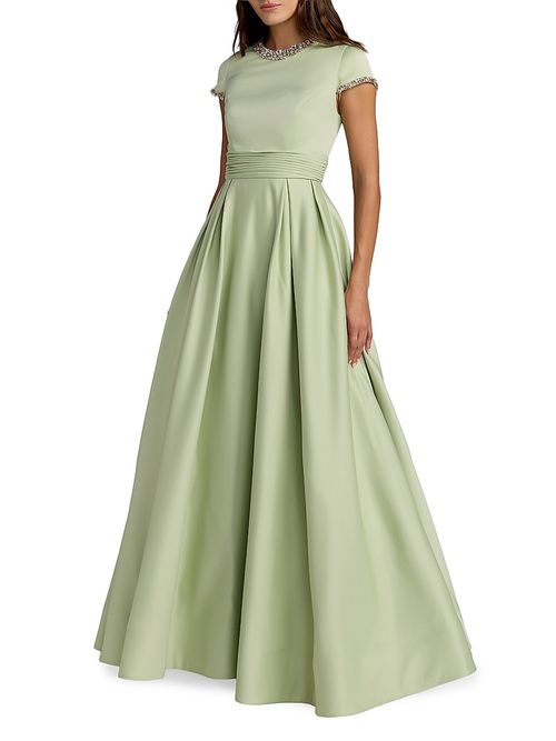 Women's Embellished Satin Cap-Sleeve Gown - Sage