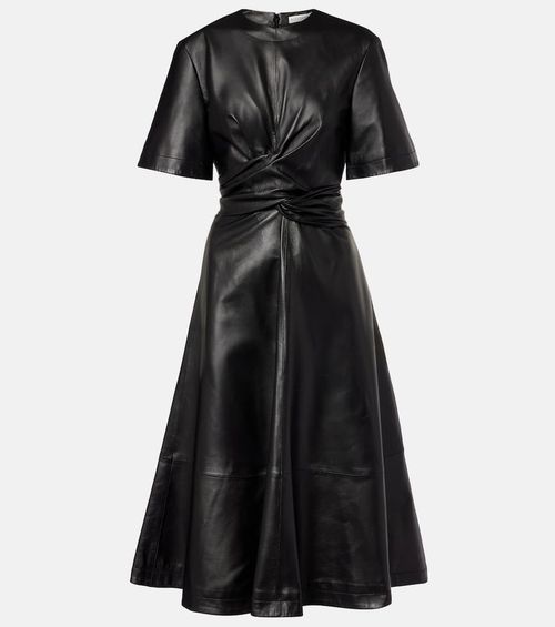 Gathered leather midi dress