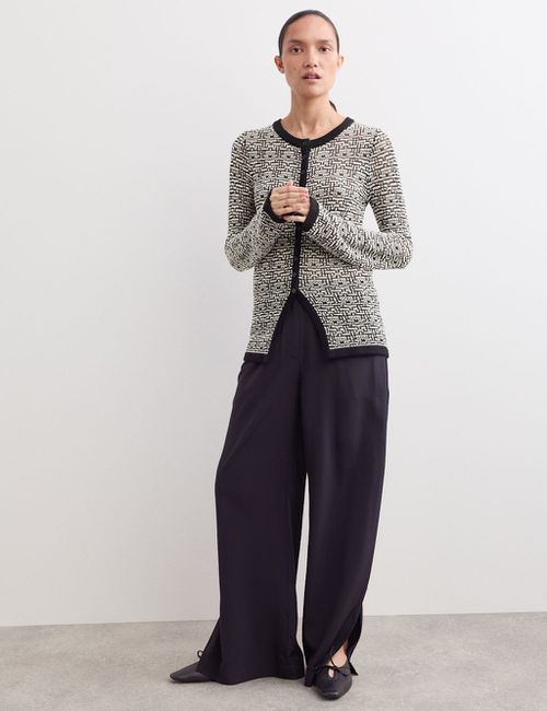 JAEGER Merino Wool Rich Textured Crew Neck Cardigan - Extra Small - Ivory Mix, Ivory Mix