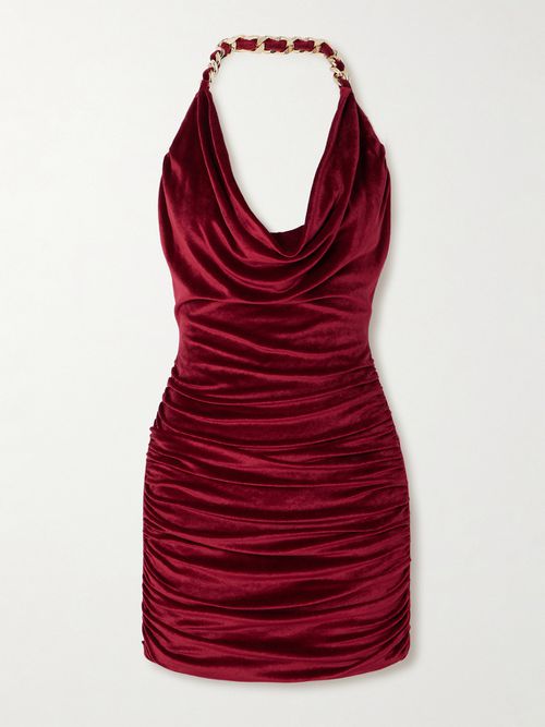 Chain-embellished Draped Velvet Mini Dress - Burgundy