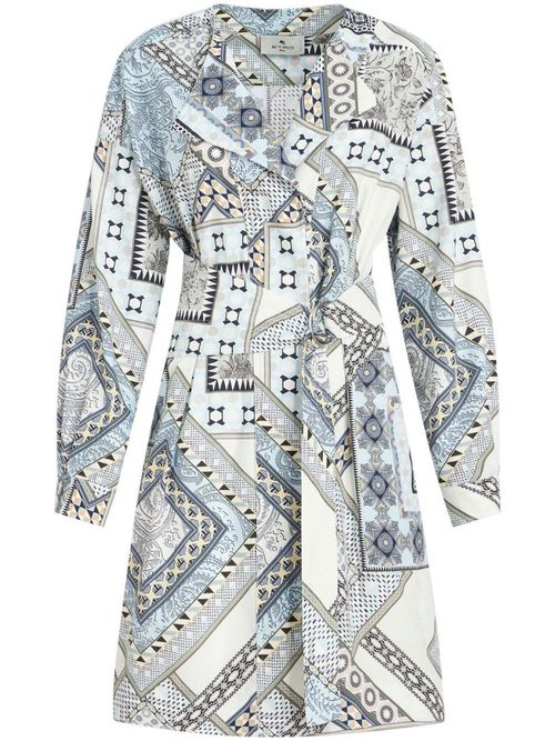 Sky Blue Multicolor Mix-print Belted Dress