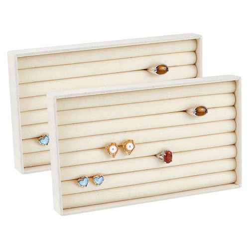 TEMU Set Rectangular Ring Display Trays In Color, Featuring 7 Slots, Made Of Velvet. Ideal For Organizing And Showcasing Jewelry At Home Or In