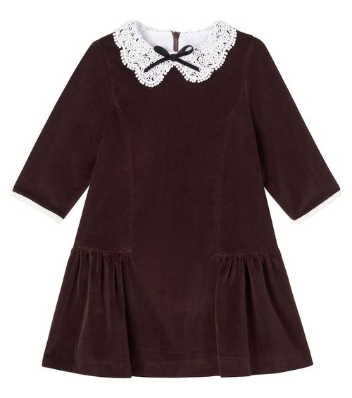 Bow-detail velvet and broderie anglaise dress