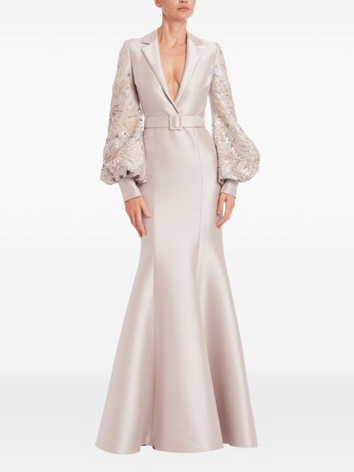 Belted embellished balloon sleeves maxi dress - Neutrals
