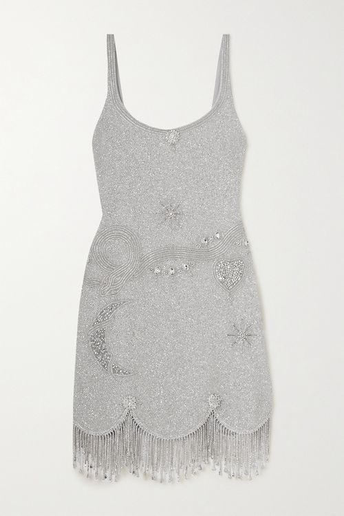 Charm Fringed Embellished Stretch-mesh Mini Dress