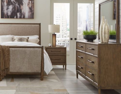 Roanhowe California King Upholstered Bed with Mirrored Dresser and Nightstand, Brown