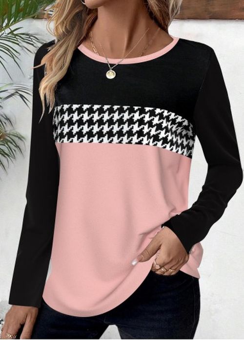 Modlily Pink Geometric Print Long Sleeve Round Neck T Shirt