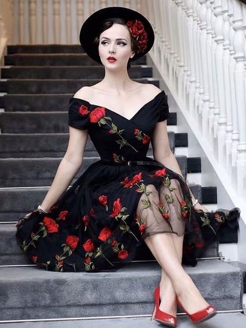 Black 1950s Audrey Hepburn Style Off The Shoulder Flower Embroidered Tulle Vintage Dre