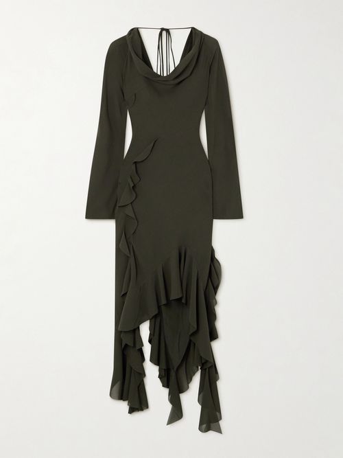 Open-back Asymmetric Draped Ruffled Crepe Dress - Gray