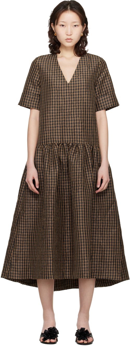 Brown Crinkled Check Maxi Dress