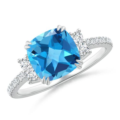 Angara 2.5 Carats Double Claw-Set Cushion Swiss Blue Topaz Ring in Platinum