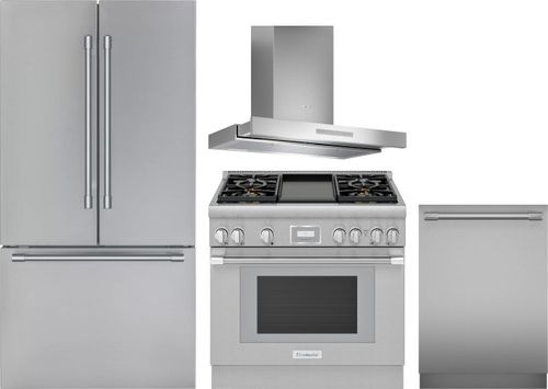 Thermador 4 Piece Kitchen Appliances Package with French Door Refrigerator, Gas Range and Dishwasher in Stainless Steel THRERADWRH1346