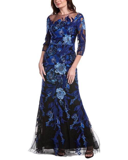 Embroidered Tulle Floral 3/4 Sleeve Gown
