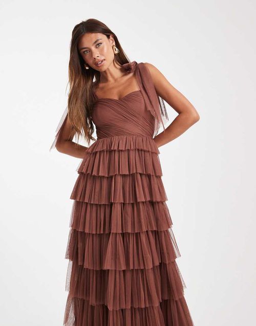 Bridesmaid bow shoulder lace tulle maxi dress in rose brown