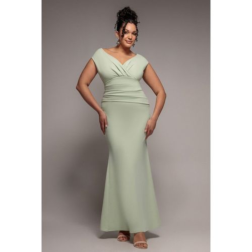 Goddiva Plus Bardot Pleated Maxi Dress - Sage Green