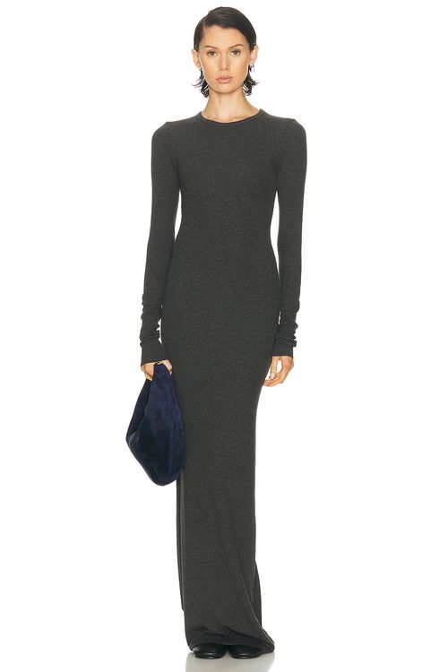 Eterne Long Sleeve Crewneck Butter Rib Maxi Dress in Heather Charcoal - Charcoal. XS also in L, M