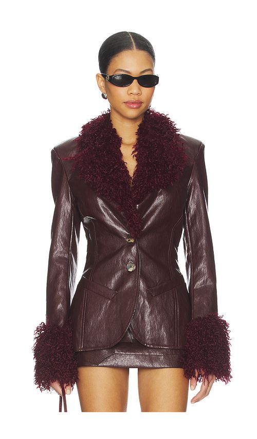 Milkwhite Fitted Blazer With Faux Fur Detail in Burgundy. S. Also in