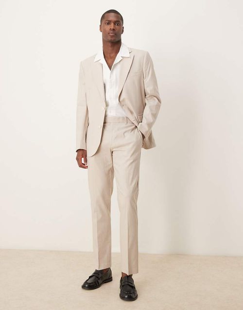 ASOS DESIGN linen blend slim suit pants in stone-Neutral