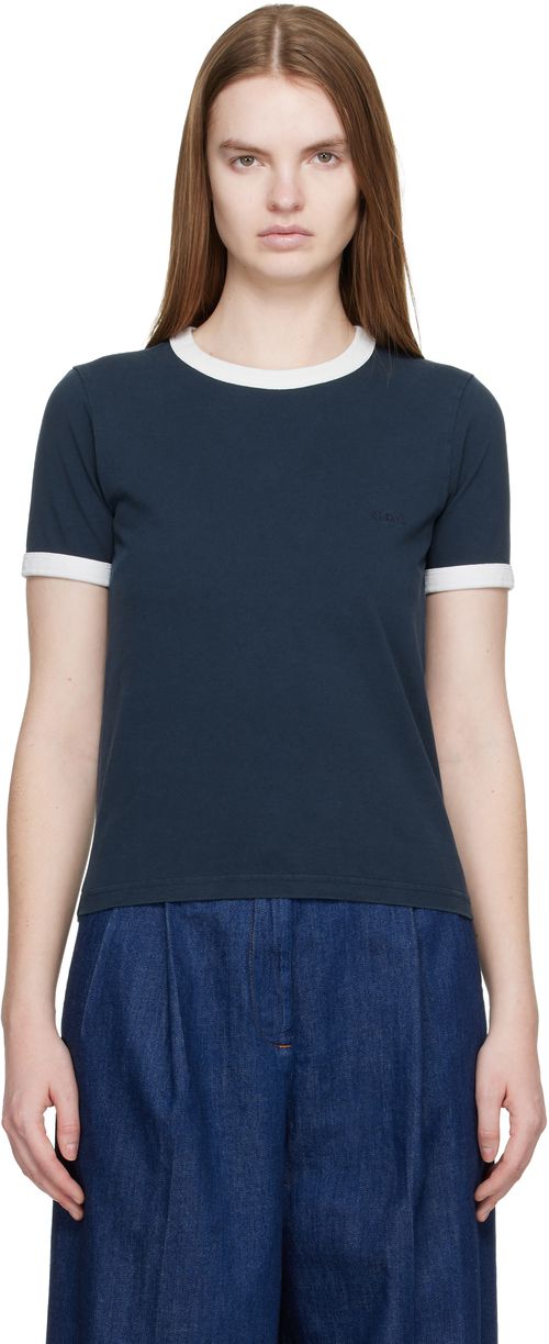 Navy Crop Manche Courte Contrast T-shirt