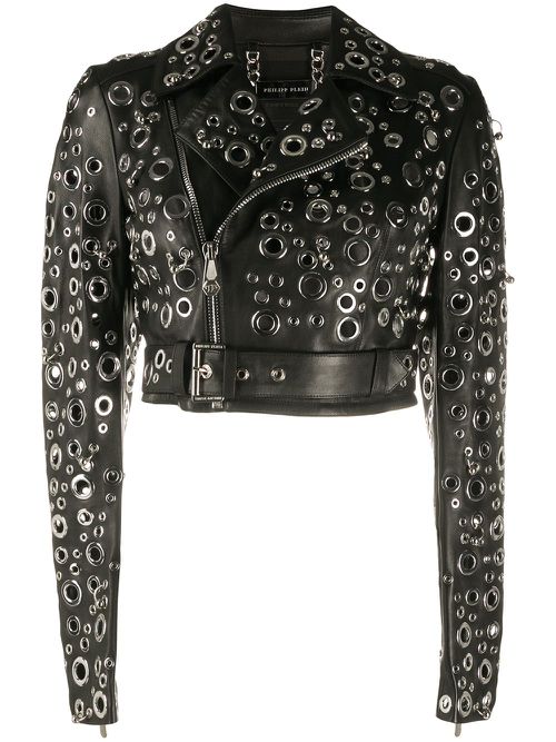 Eyelet embellished leather jacket - Black