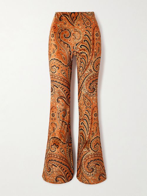 Paisley-print Stretch-velvet Flared Pants - Brown