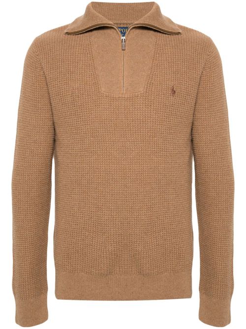 Waffle knit zip-up jumper - Brown