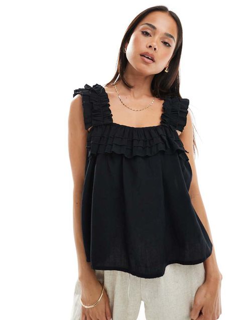 Pleated ruffle trim cami in black