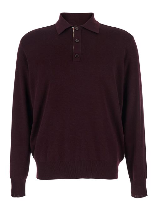 Bordeaux Polo Shirt With Classic Collar And Check Detail In Wool Man