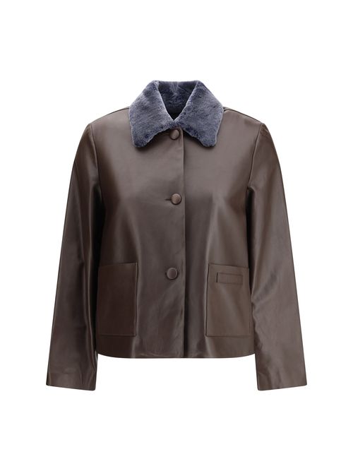 Shearling Collar Leather Jacket — Brown