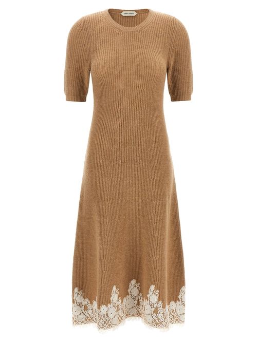 Lace-Trimmed Ribbed Knit Dress — Camel