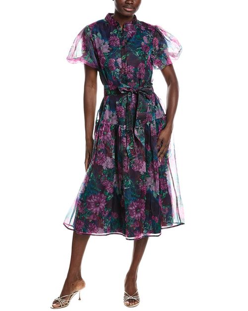 Puff Sleeve Band Collar Organza Midi Dress