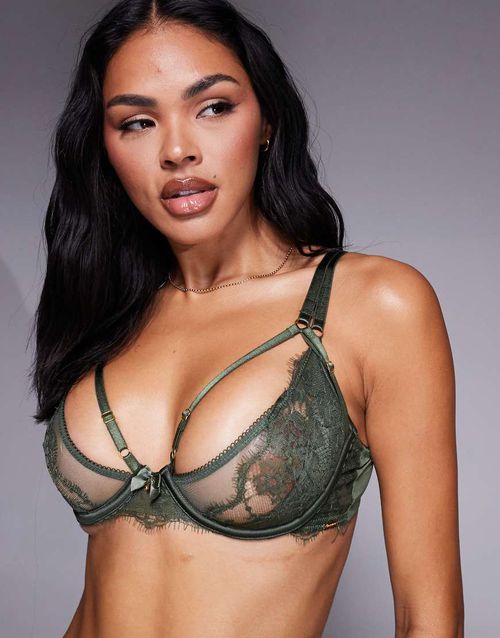 Strappy sexy hardware balconette co-ord bra in green