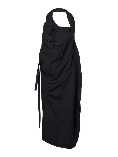 Chic Wool Midi Dress with Halterneck and Utility Pockets