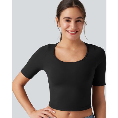 Halara OneForm Seamless Flow Scoop Neck Short Sleeve Yoga Sports Top - Black