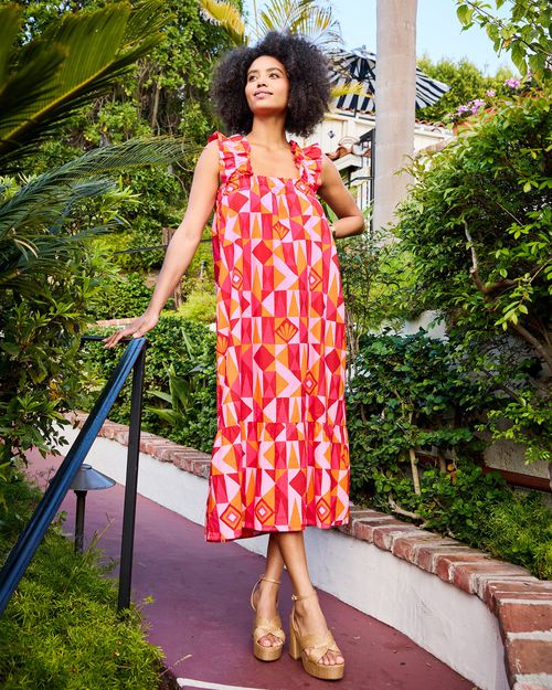 Organic Cotton Ruffled Sleeveless Maxi Dress in Underwater Mosaic | Women's XS | Pink